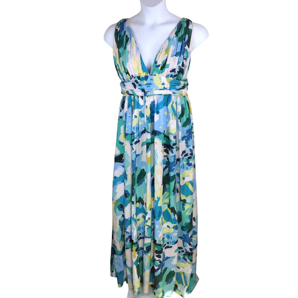Garrie B Women’s Maxi Dress Watercolor Floral V-Neck Empire Waist Blue Green L